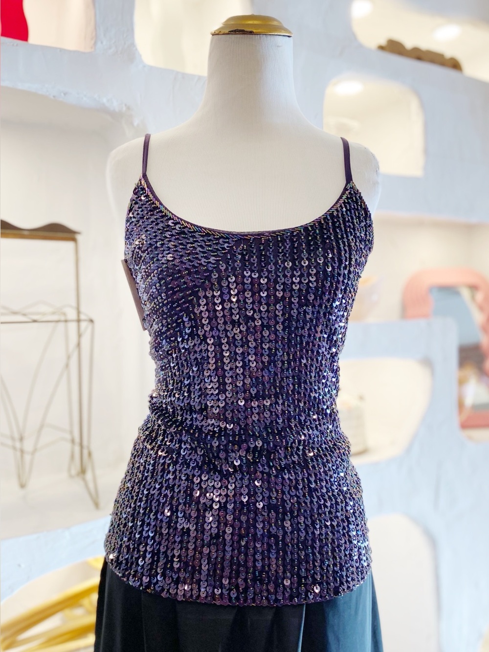 Stretchy Mesh Purple Sequinned & Beaded Tank Top with Adjustable Straps